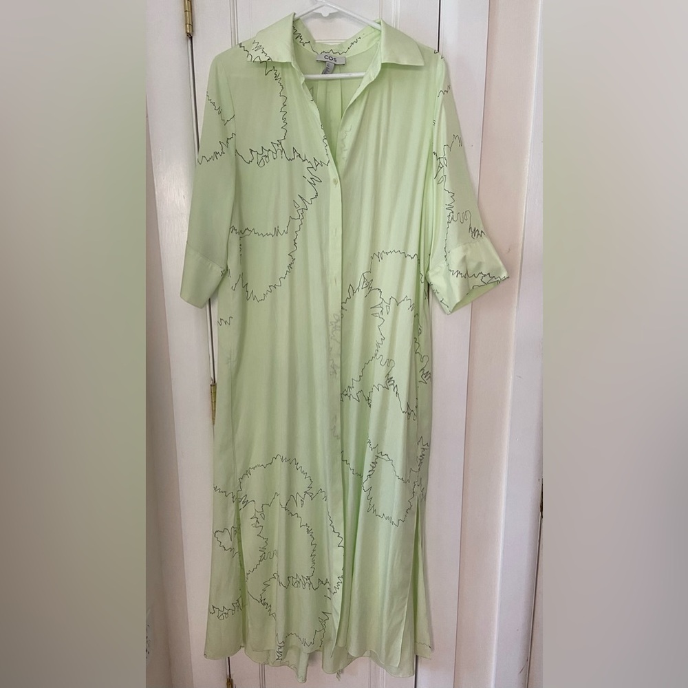 COS neon green shirt dress w/ abstract floral design